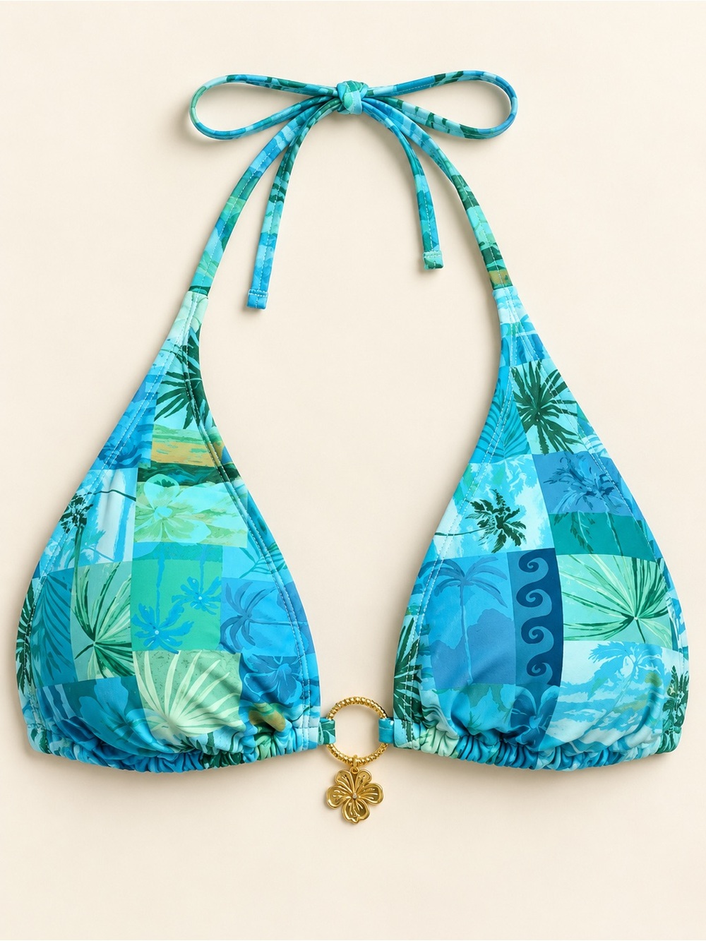 No Boundaries Blue & Teal Patchwork Triangle Bikini Top with Gold Charm